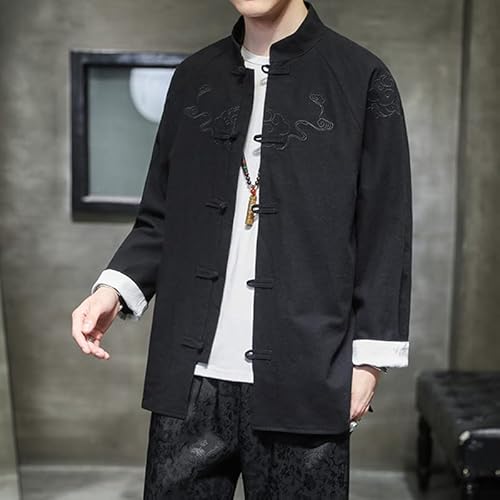 XJRJ Casaco masculino de linho de algodão estilo chinês com bordado retrô, caimento solto, cardigã,