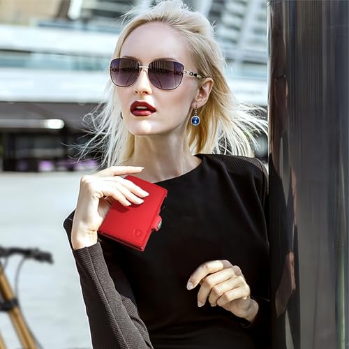 Image of Pop Up RFID Wallet Women, Small Wallet for Women Compatible with Airtag, Tri-fold Genuine Leather Wallet Women with Mirror, Zp-Red, Business Casual Style