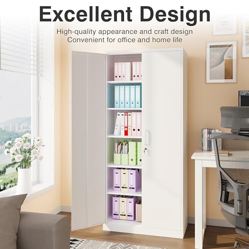 Image of SISESOL White Metal Storage Cabinet with 2 Doors and 6 Shelves,71 inch Tall Metal Cabinet with Lock,Lockable Garage Storage Cabinets,Locking File Cabinet,Steel Tool Cabinets for Home,Office,Garage,Shop