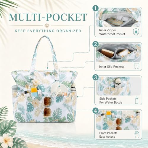 Image of LEDAOU Beach Bag Waterproof Sandproof Women Beach Tote Pool Bag with Zipper for Swim Gym Grocery Travel with Wet Pocket | Sandproof