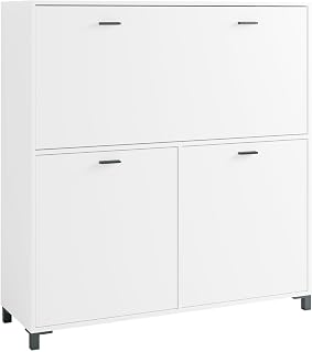 byLIVING Sekretär Montana/Sekretär matt weiß/Office-Schrank mit 1 Klappe und 2 Türen/Schwarze Griffe/B 120, H 127, T 40 cm