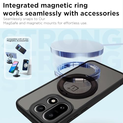 Image of RIGGEAR Shockproof Sleek Hybrid Armor 360 Rotating Magnetic Ring Stand Back Cover Case Compatible with MagSafe Accessories for OnePlus 15 5G (Smoke Matte Black PC + Black TPU Bumper)