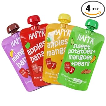 Happa Healthy Baby Food Puree Travel Combo | 100% Fruits and Vegetables | No Added Sugar, No Milk Powder, No Preservatives | Stage 2 (6 Months+) | Ready to Eat | Free from Common Allergens | Pack of 4 (100g Each) - image, photos
