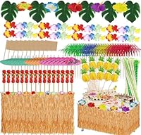 199 Stück Hawaii Party Dekoration Set, Tropische Party Dekoration Set, Hawaii Luau Tischröcke, Hawaii Deko, Banner, Blüten, Künstliche Palmenblätte für Hawaii Party Deko Beach Tropischen Garten Party