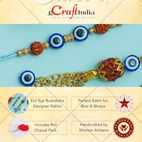 Image of eCraftIndia Evil Eye Rudraksha Designer Bhaiya Bhabhi Rakhis with Best Bro Ever Fridge Magnet | Set of 2 Rakhi for Brother and Bhabhi | Lumba Rakhi | Roli Chawal Pack
