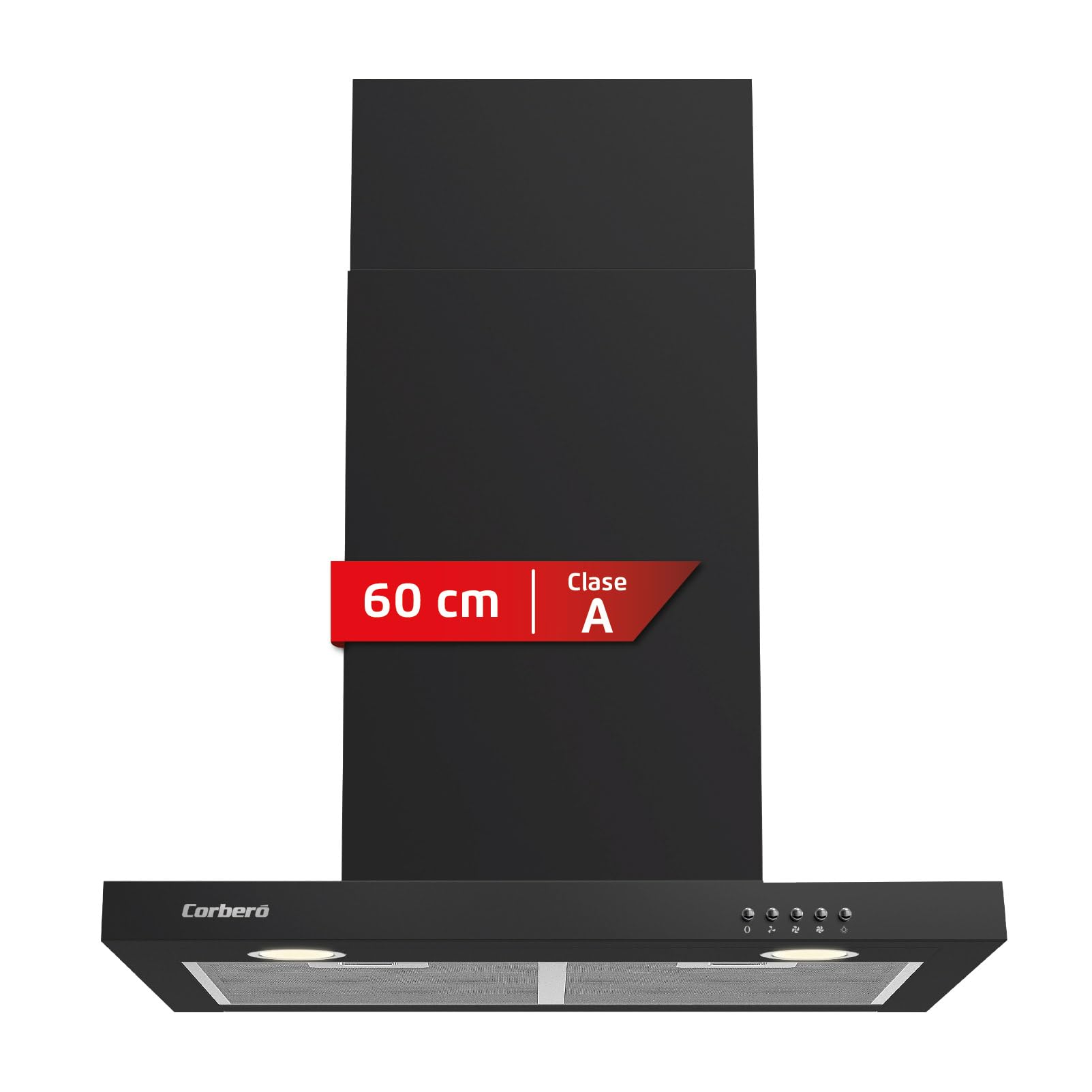 Corberó - Dekoracyjny dzwonek poziomy 60 cm | VOSTOK660B | 647,7 m3/h Przepływ | 165W | 3 prędkości | 2 filtry aluminiowe i węglowe | Efektywność energetyczna A, czarny