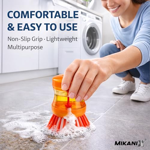 Image of MIKANIX Soap Dispensing Cleaning Brush, Dish Scrubber with Liquid Dispenser for Kitchen Sink, Cookware, Stove, Bathroom & Tiles, Multipurpose Scrub Brush (Pack of 1)