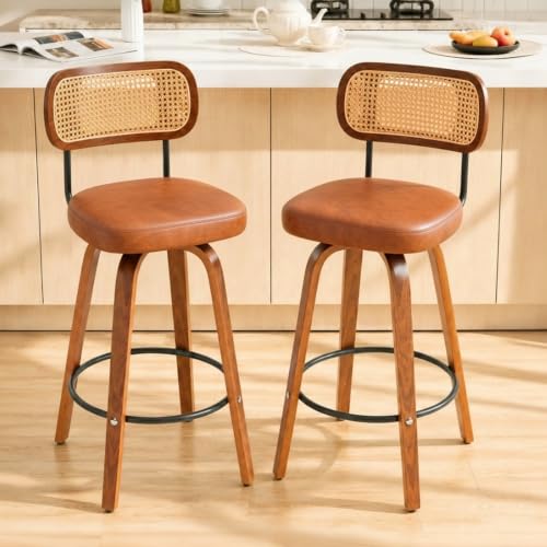 Image of Rattan Bar Stools Set of 2,Upholstered PU Leather, 30''Counter Height Barstools with Back and Wood Legs,360Swivel,Mid-Century Modern Bar Stool for kitchen Island Dining Room and Bar(Vintage Brown)