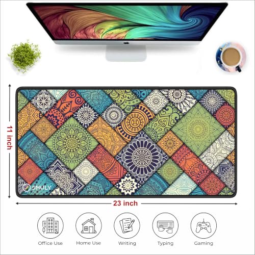 Image of Decorative Mandala Large Desk Mat, Extended Mouse Pad 58.5 x 28 cm, Desk Pad, Washable Mousepad, 2mm Thick Non-Slip Rubber Base, Stitched Edges for Office, Home & Workstation (Multicolour)