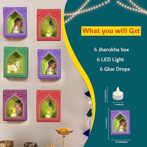 Image of CraftVatika Jharokha Diyas Set of 6 Diwali Decoration Items, Wall Hanging Decor Items Home Decor Festive Decor Items, DIY Craft Traditional Jharokha Box for Hanging