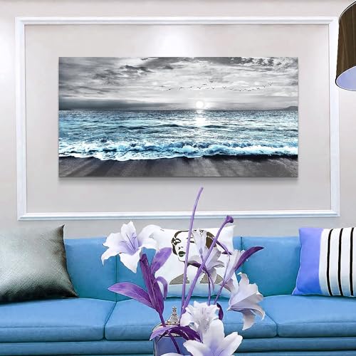 Wapluam Large Canvas Wall Art For Living Room & Bedroom Decor - Black & White Blue Sea Wave Pictures - Framed Beach Posters - Image 4