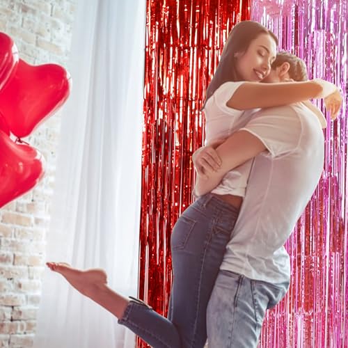 Image of TONIFUL Valentine's Day Door Streamers,Red and Pink Photo Booth Backdrop Metallic Streamers Foil Fringe Curtain for Birthday Valentine's Day Bridal Shower Engagement Party Decoration