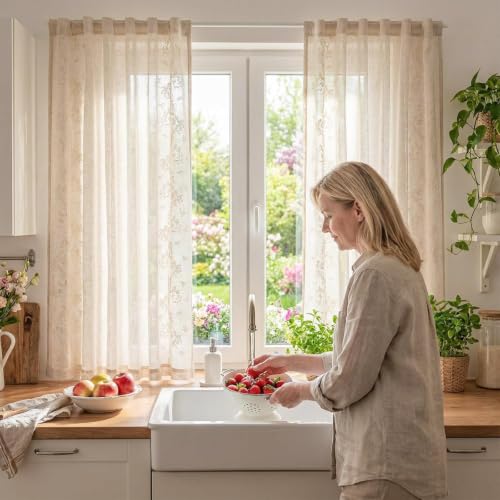 Image of jinchan Floral Linen Curtains, Back Tab 50x63 Inch, 2 Panels Ivory