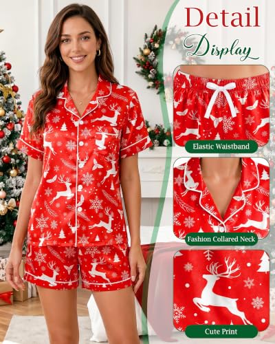 Image of Womens Silky Pajama Sets Short Sleeve Loungewear 2 Pcs Satin Soft Pj Sets Button Down Women's Summer Sleepwear