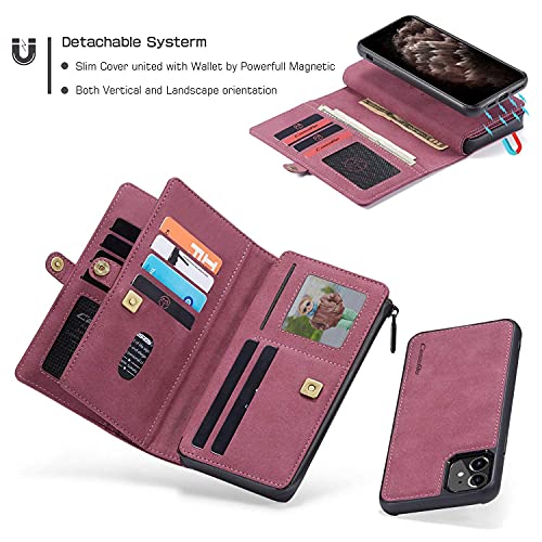 Caseme For Iphone 11 Wallet Case, Durable Handmade Pu Leather Zipper Detachable Magnetic Phone Case For Iphone 11 (6.1 Inches) Case Wallet Clutch Purse With 15-Card Slots Holder For Women Men, Red #TOP3