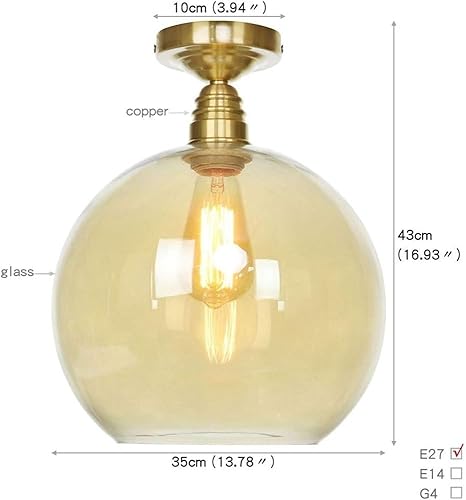 Miniatura 7 de Lámpara de techo de vidrio ámbar, lámpara de techo redonda industrial de una sola cabeza iluminación de montaje empotrado con enchufe E26E27 para
