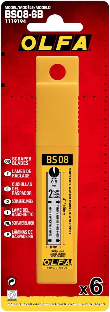 OLFA 100mm Extra Thick Razor Scraper Blades, 6 Blades (BS08-6B) - 100mm Heavy Duty Extra Thick Replacement Razor Scraper Blades for Glass, Roofing, Paint, Fits OLFA XSR Series Scrapers