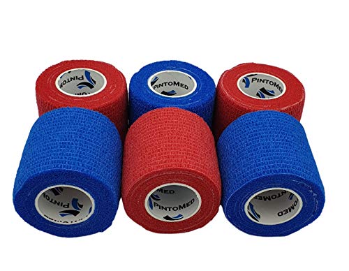 Venda Cohesiva 3 Rojo + 3 Azul = 6 rollos x 5 cm x 4,5 m autoadhesivo flexible vendaje, calidad profesional, primeros auxilios, lesiones de los deportes, rodillos embalados individualmente - Pack de 6