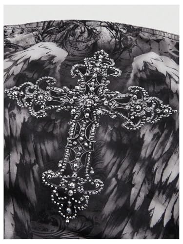 SHENHE Women's Strapless Rhinestone Cross Print Goth Punk Y2k Ruched Crop Tube Top3