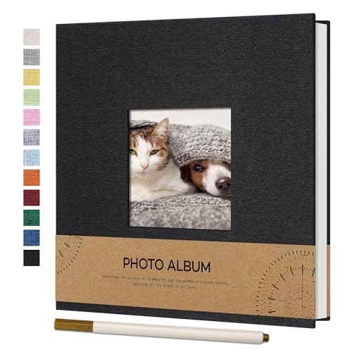 Vienrose Self Adhesive Photo Album with Picture Window for 4 x 6 Photos, Linen Cover DIY Scrap Book Album 40 White Pages for Travel, Photo Book with a Ballpoint Pen, 17 x 18 cm, Black