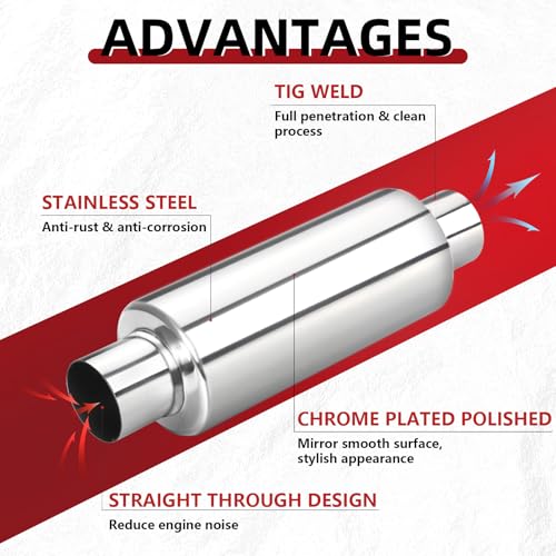Image of LCGP 2.25 inch Inlet Universal Resonator Muffler, 2.25 inch Outlet 13.77 inch Overall Length Stainless Steel High Performance Muffler, Polished, Pass-Thru Design 2pack
