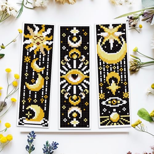 Image of ACRNIGHEET 6PCS Cross Stitch Bookmark Kit for Beginner Sun and Moon Pattern Stamped Cross Stitch Kits for Adults Crossstitch Kits Adult Bookmarks with Instructions Hand Embroidery Craft Gift 11CT