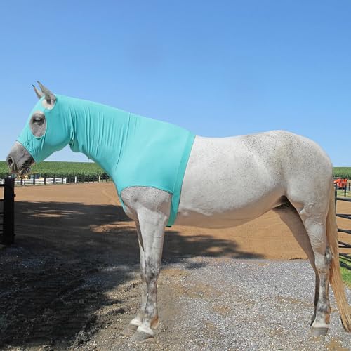 Image of Horse Slinky Hood with Zipper, Stretch Spandex Sleazy Hood for Mane Protection, Breathable Horse Neck Cover for Show Prep, Braids Saver, Sleek Grooming Under Blanket Use Turquoise Medium