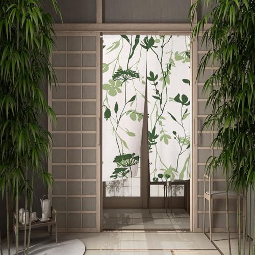 Qinunipoto 暖簾 リーフ柄 緑の葉っぱ シンプル風 幅85cm丈150cm インテリア 出入り口 目隠し おしゃれ すだれ 遮光 部屋 間仕切りカーテン 門カーテン ポリエステル製 オーダー可 簡単取付 四季兼用