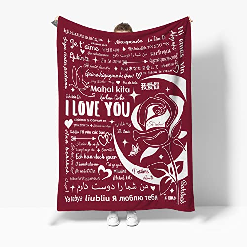 I Love You Blanket, Fathers Day 100 Languages Blanket Gifts from Daughter Son for Mom Women Wife Girlfriend Anniversary Couple Birthday Soft Warm Flannel Hugs Throw Blankets 50"x60" Red