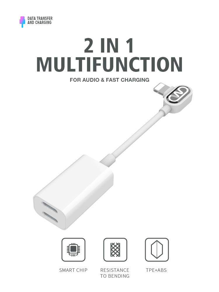 Headphone Charging Splitter Adapter 2 in 1 for iPhone 7, 7 Plus, 8, 8 Plus, iPhone X, XR, XS and XS MAX with A 10cm New Elbow Design for Comfortable USE. Supports All iOS Devices
