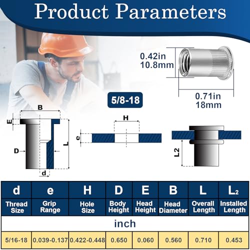Image of 5 /16''-18 UNC Rivet Nut, 50Pcs 304 Stainless Steel Flat Head Rivnut Threaded Insert Nutsert