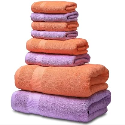 100% Baumwolle Badetuch Set Weich und Super Saugfähig Handtuch Familie Badeset 8-teiliges Set (Lila Orange)