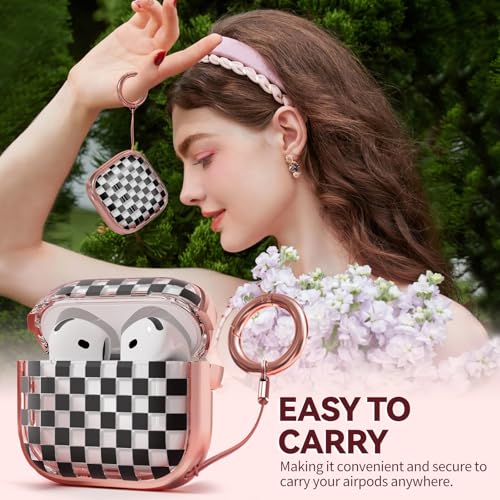 Image of Inesore for AirPods 4 Case Cover 2024 with Lock-Black Checkerboard | Two-Piece Design,with Gold Keychain & Cleaning Pen,Support Wireless Charging,Cute Luxury Case for Women Girly