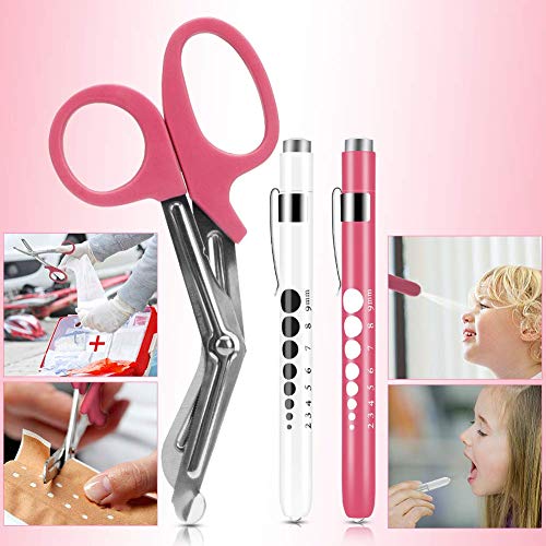 Opoway Nurse Penlight with Pupil Gauge LED Penlight Medical for Doctor Nurse Diagnostic with Free Batteries and 7 ½" Pink Bandage Scissors