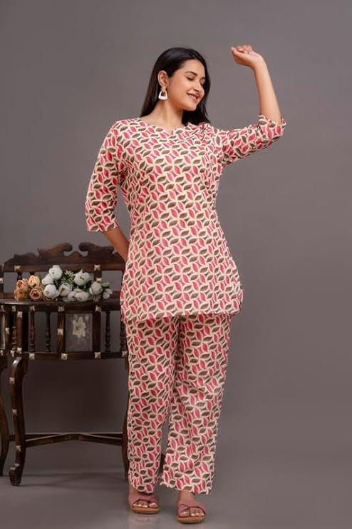 Image of Pure Cotton Printed Night Suit Set | Top Pyjama Set for Women | Night Dress of Kurta Pyjama Set for Women | Kurta Top Set
