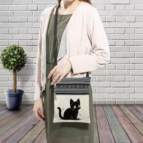 Black Cat Messenger Bag Small Ethnic Pattern Printed Adjustable Strap Crossbody Zipper Bag Black Cat Phone Bag Wallet Cute Shoulder Handbag for Women -73
