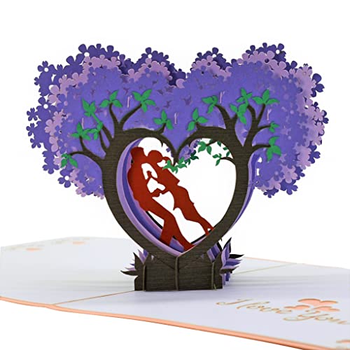 CUTE POPUP Anniversary 3D Pop Up Card Couple and Heart Tree Design - Valentine's Day, Anniversary for Lover - Comes with Shining Envelope (6x6 inches)