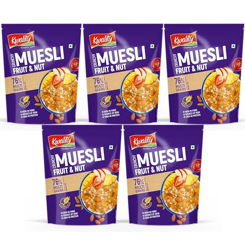 Image of Kwality Muesli Fruit & Nut, 75g Each (Pack of 5), 76% Multi Grains, No Maida, Natural Source Of Vitamin & Iron, High In Protein & Fiber, Low Fat & Cholesterol, Healthy Breakfast Cerea l (75g x5)