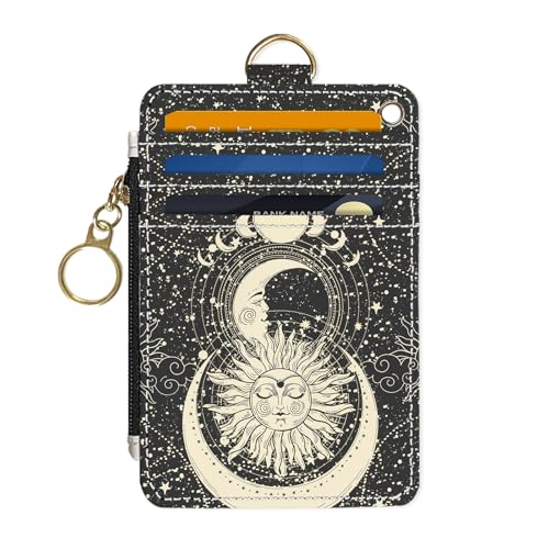 Image of Slim Wallet Credit Card Holder, Moon and Sun Face, RFID Wallet Women Cute Small Front Pocket Wallet With Zipper, PU Leather Thin travel RFID Blocking Card Case ID Window,Ladies Gifts