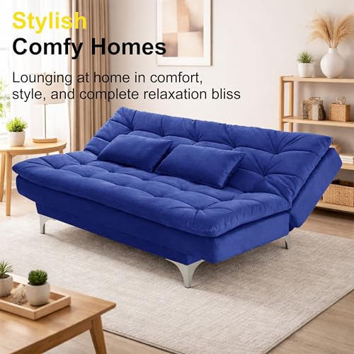 Image of Modern 3 Seater Sofa Cum Bed with Cushions, Foldable Convertible Couch, Velvet Fabric Sleeper Sofa for Living Room, Guest Room, Blue