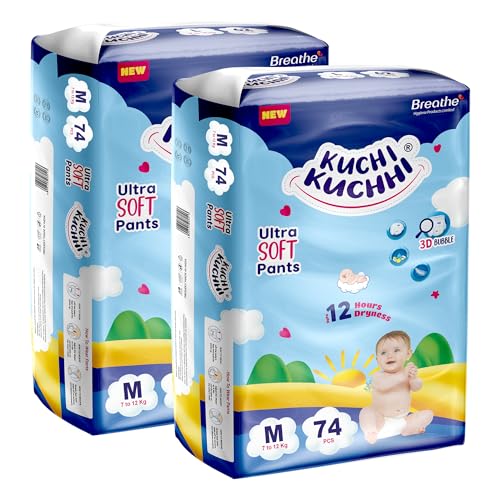 Image of Premium super soft baby diaper with a 3D bubble top and super absorbent core | Added active leak barriers and wetness indicators - M Size, 148 Count