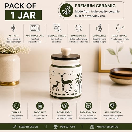 Image of Ceramic Kitchen Jars for Storage | Air Tight Containers with Wooden Lids | Masala, Salt, Pickle, Dry Fruits & Multi Utility Items Organiser Set (Hand-Painted, Green Deer, 450 ML, Pack of 1)