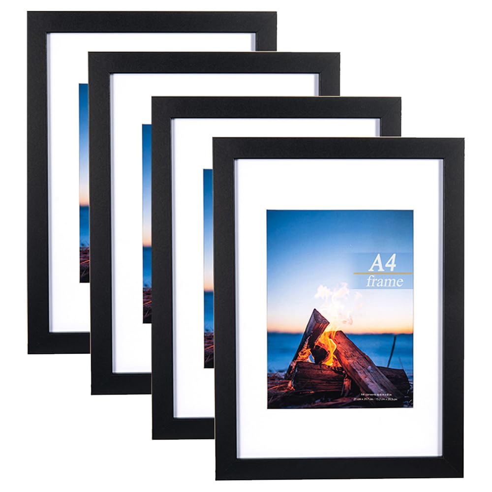 Scholar Tree Black A4 Frame 4 Pack, Wooden Picture Frame A4 With Mount,A4 Frame,A4 Picture Frame,Freestanding And Wall Mountable, Frames
