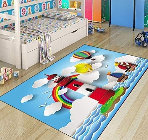 Else Blue Sea Sky Ships Lighthouse Cloud 3D Patten Print Non Slip Microfiber Children Kids Room Decorative Area Rug Kids Mat
