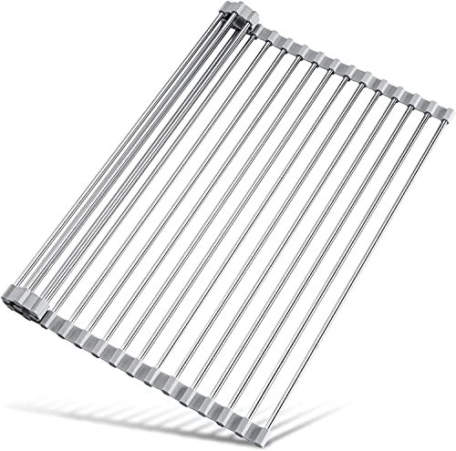 Escurreplatos de acero inoxidable para fregadero, ahorra espacio y es versátil, se adapta a varios tamaños de fregadero (47 cm de largo x 40,9 cm de ancho), ideal para la cocina