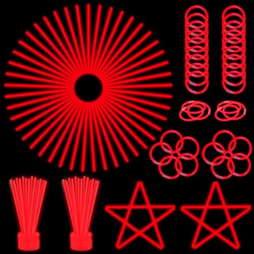 ILHSTY 100 Pcs 8 Red Glow Sticks Glow Necklaces In The Dark Party Favors Supplies Bright GlowSticks Bulk with Accessories for Birthday Christmas New Year Halloween 4th of July Neon Party (Red*100)