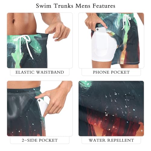 Cool Angel White Black Mens Swim Trunks with Liner, Cool Quick Dry Beach Swim Shorts, Swimwear Bathing Suits S3