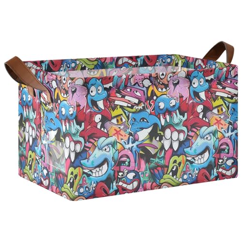 YNNALE Abstract Grunge Graffiti Monster Baby Storage Basket with Labels&Handles Rectangular Waterproof Nursery Storage Bins Collapsible Shelf Organizer Baskets for Kids Books Cloth Gift Toys Laundry