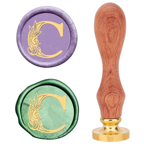 CRASPIRE Retro Alphabet Wax Seal Stamp Initials Flower Vintage 26 Letters C 25mm Removable Brass Head Wood Handle Sealing Wax Stamp for Envelope Invitation Embellishment Gift Decoration