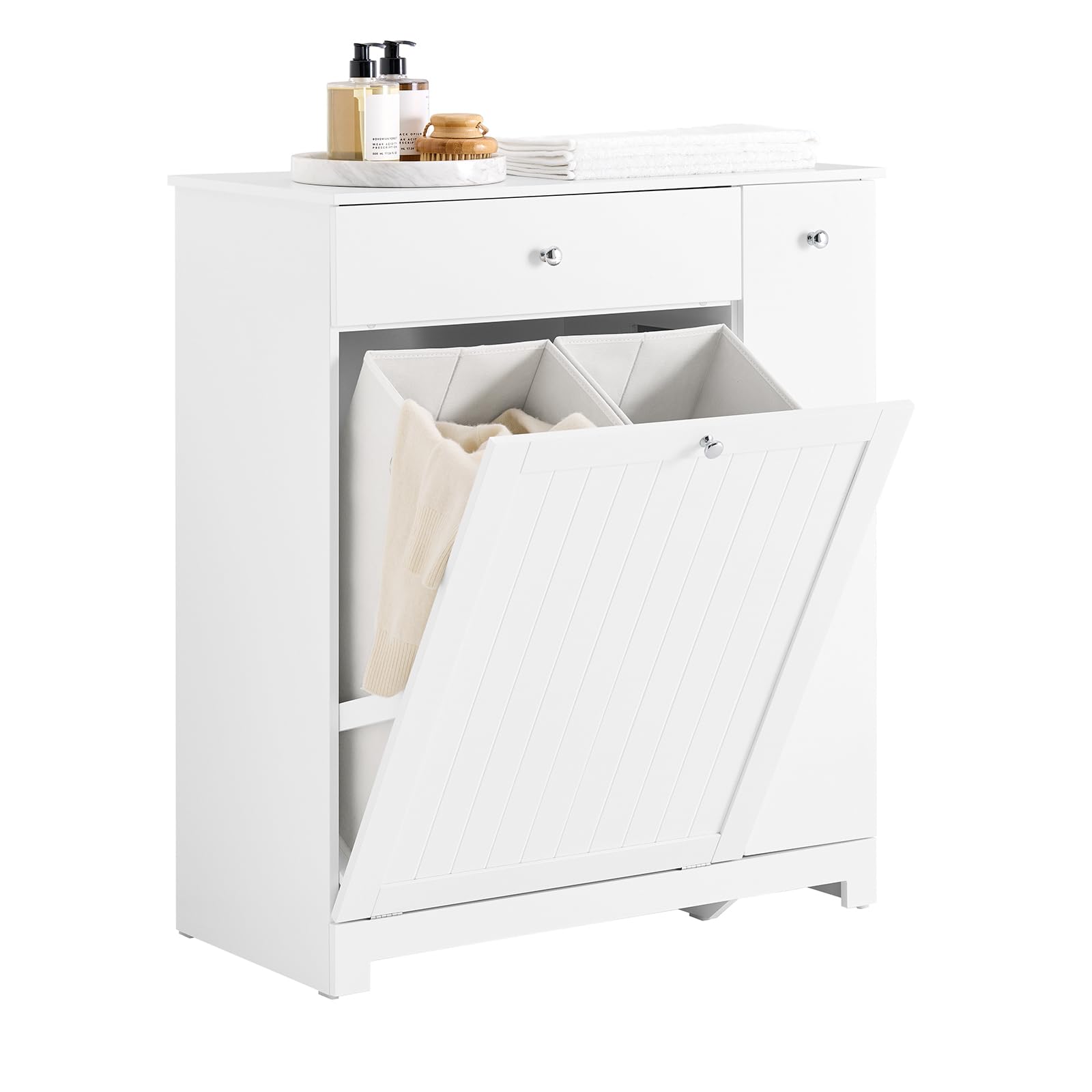 SoBuy Mueble Baño con Cesto para Ropa Sucia 78x38x90 cm, Lavandería y Baño | Armario Baño con Cajón, 2 Cestos Extraíbles y Compartimento Deslizante, Mueble Baño Auxiliar, Blanco BZR214-W